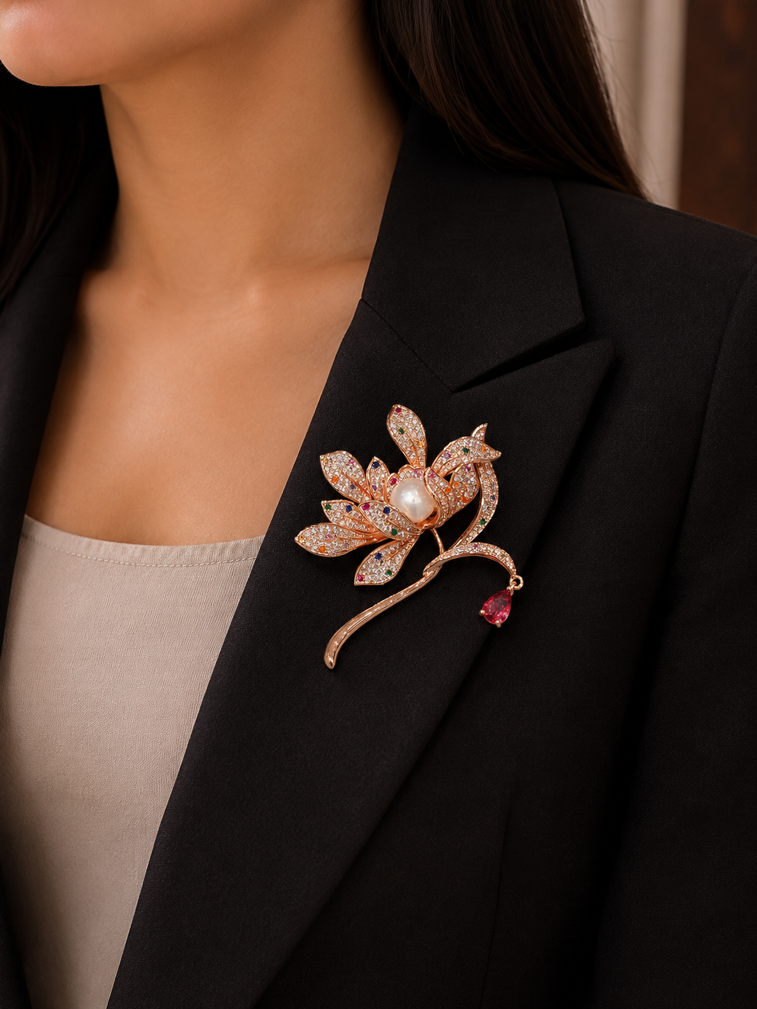 Luxury Lotus Pearl Brooch – Elegant Floral Crystal Designer Pin