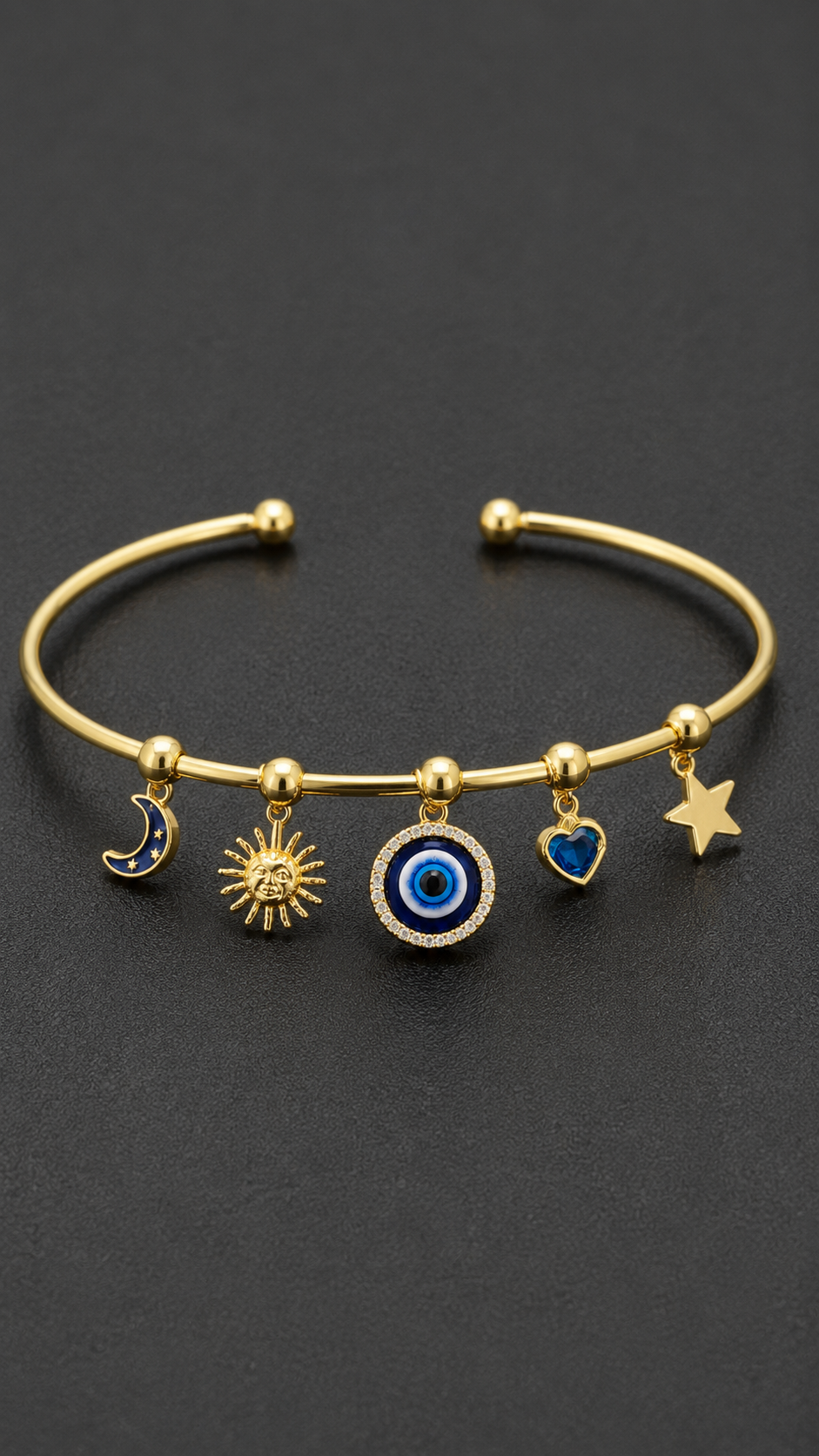Celestial Evil Eye Gold Kada for Women – Moon & Star Charm Adjustable Fashion Kada
