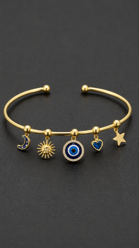 Celestial Evil Eye Gold Kada for Women – Moon & Star Charm Adjustable Fashion Kada