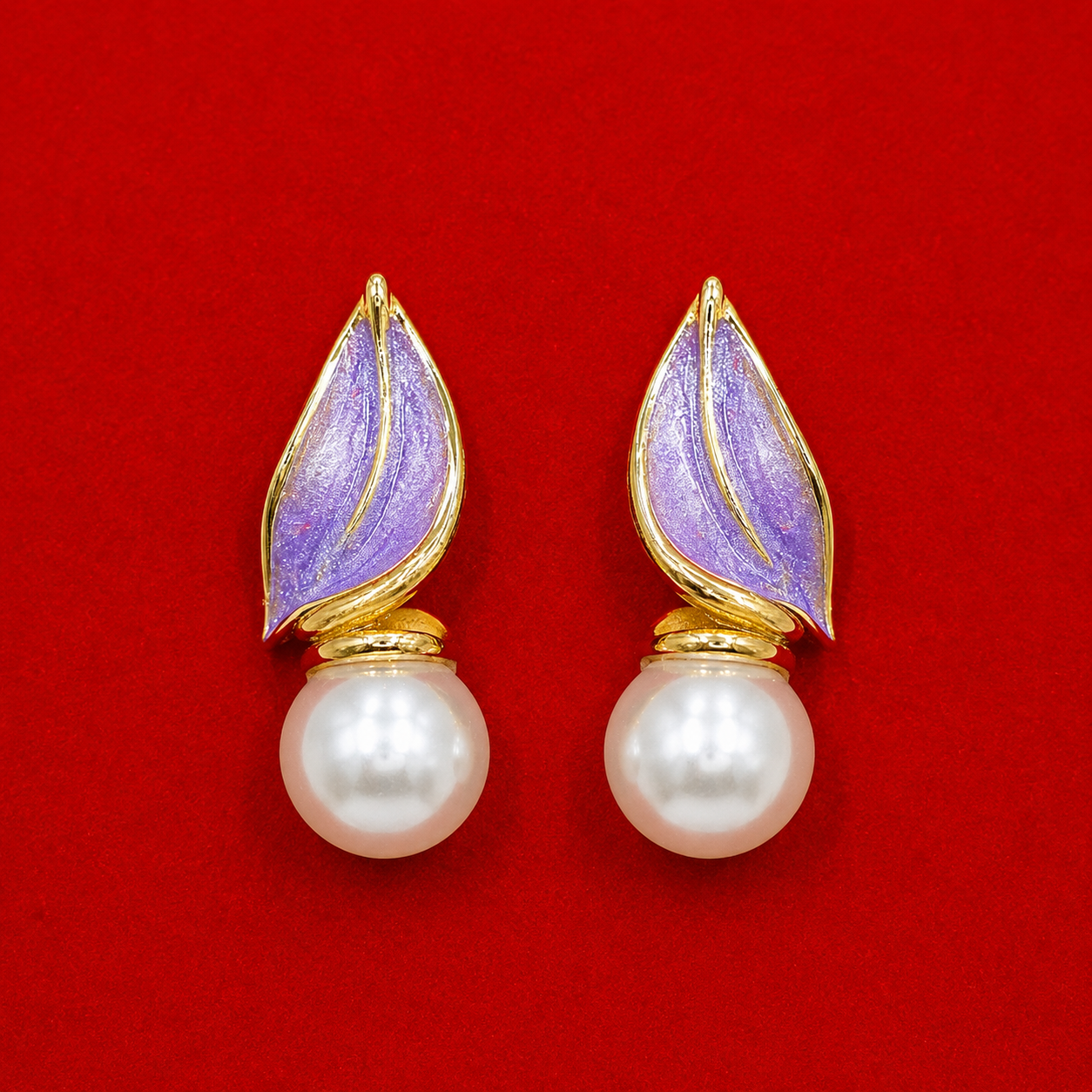 Luxury Pearl Drop Earrings for Women – Purple Enamel Leaf Designer Earrings