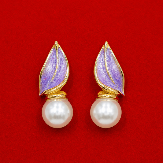 Luxury Pearl Drop Earrings for Women – Purple Enamel Leaf Designer Earrings
