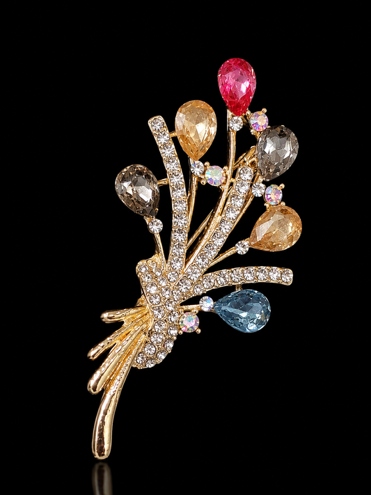 Luxury Multicolor Crystal Bouquet Brooch Pin for Men & Women – Premium Gold Finish Lapel Accessory