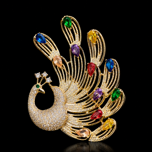 Luxury Multicolor Peacock Crystal Brooch Pin for Men & Women – Designer Gold Tone Lapel Pin