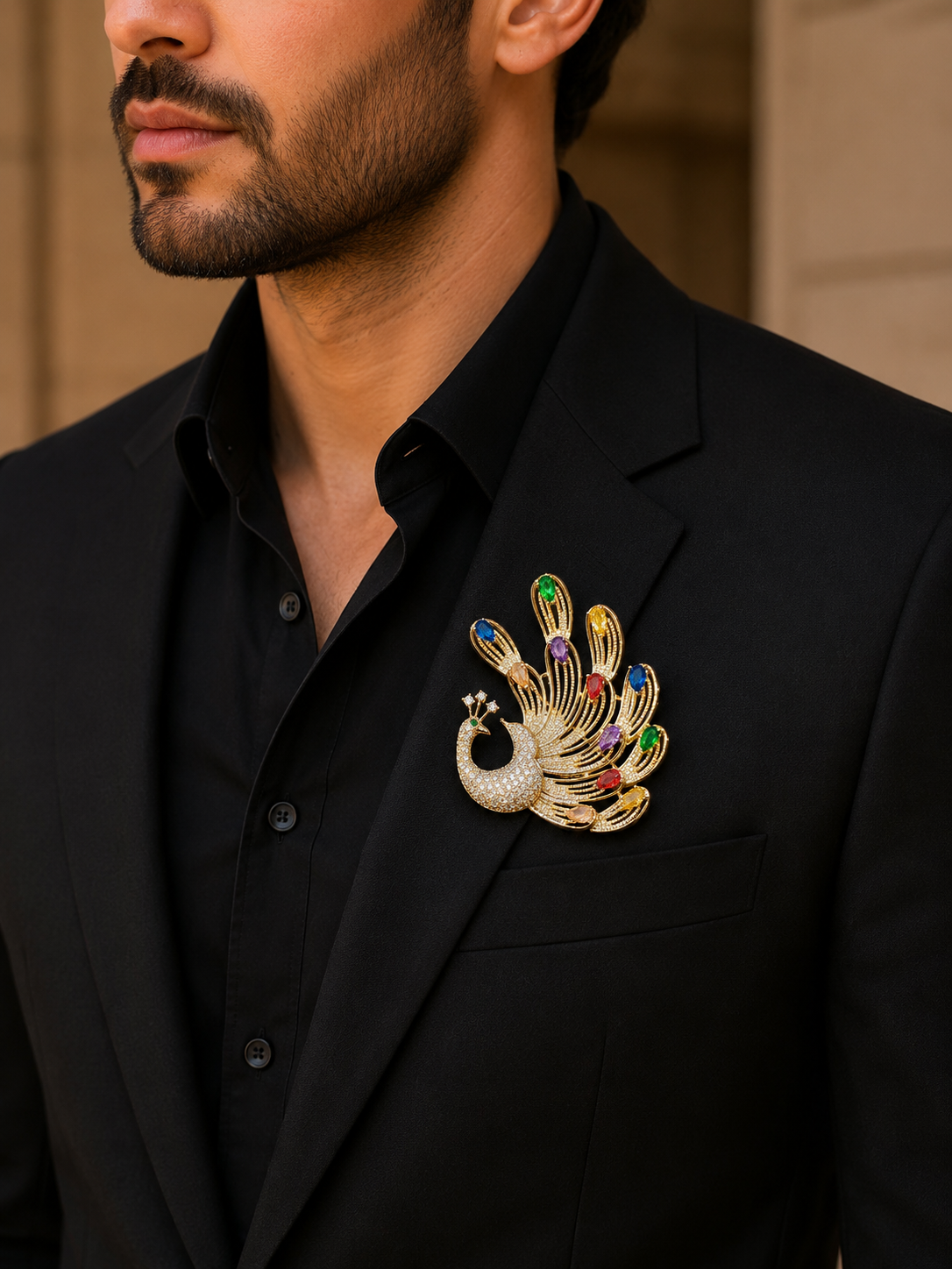 Luxury Multicolor Peacock Crystal Brooch Pin for Men & Women – Designer Gold Tone Lapel Pin