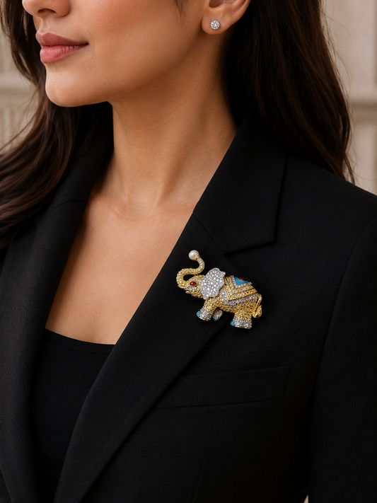 Royal Crystal Elephant Brooch Pin for Women & Men – Luxury Gold Rhinestone Animal Lapel Pin