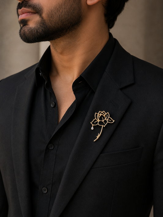 Golden Lotus Flower Brooch Pin for Men & Women | Elegant Designer Lapel Pin