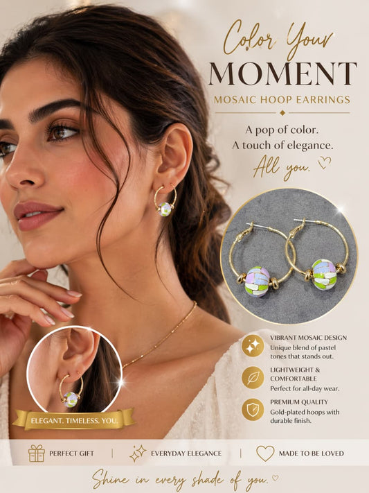 Pastel Mosaic Gold Hoop Earrings for Women | Lightweight Designer Hoops | Elegant Everyday Jewelry