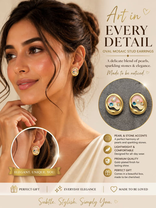 Oval Mosaic Pearl Stud Earrings for Women | Gold-Plated Designer Studs | Elegant Lightweight Jewelry