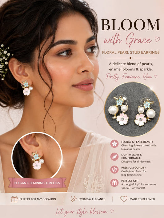 Floral Pearl Stud Earrings for Women | Gold-Plated Flower Earrings with Enamel & Pearl Drops | Elegant Lightweight Jewelry