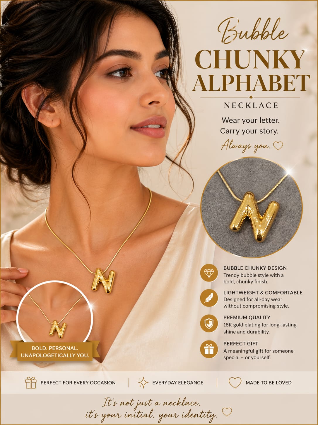 Chunky Bubble Alphabet Necklace for Women | Gold-Plated Initial Pendant Chain | Bold Personalized Letter Jewelry