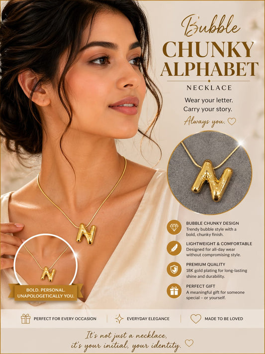 Chunky Bubble Alphabet Necklace for Women | Gold-Plated Initial Pendant Chain | Bold Personalized Letter Jewelry