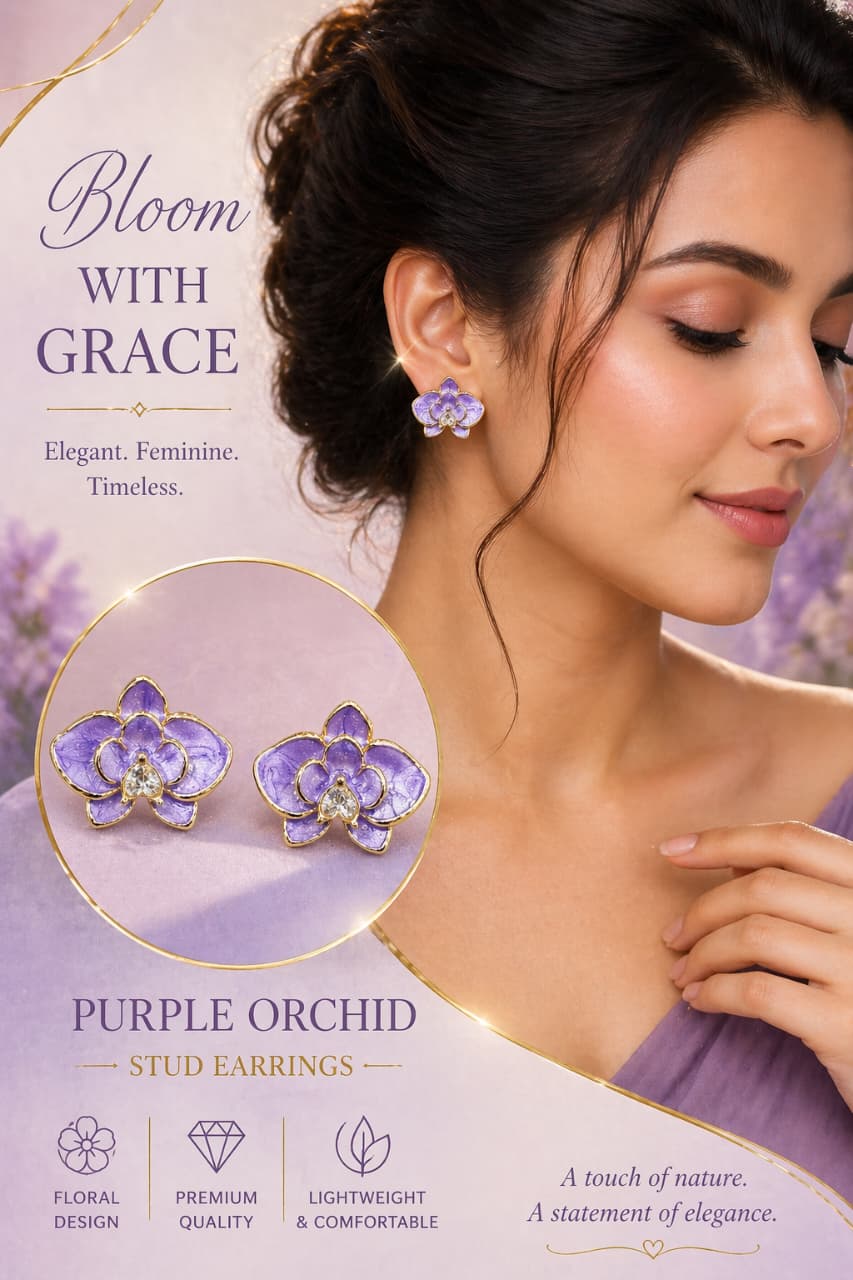 Purple Orchid Stud Earrings for Women | Gold-Plated Floral Enamel Earrings | Elegant Lightweight Designer Jewelry