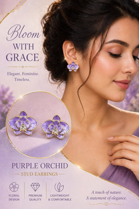 Purple Orchid Stud Earrings for Women | Gold-Plated Floral Enamel Earrings | Elegant Lightweight Designer Jewelry