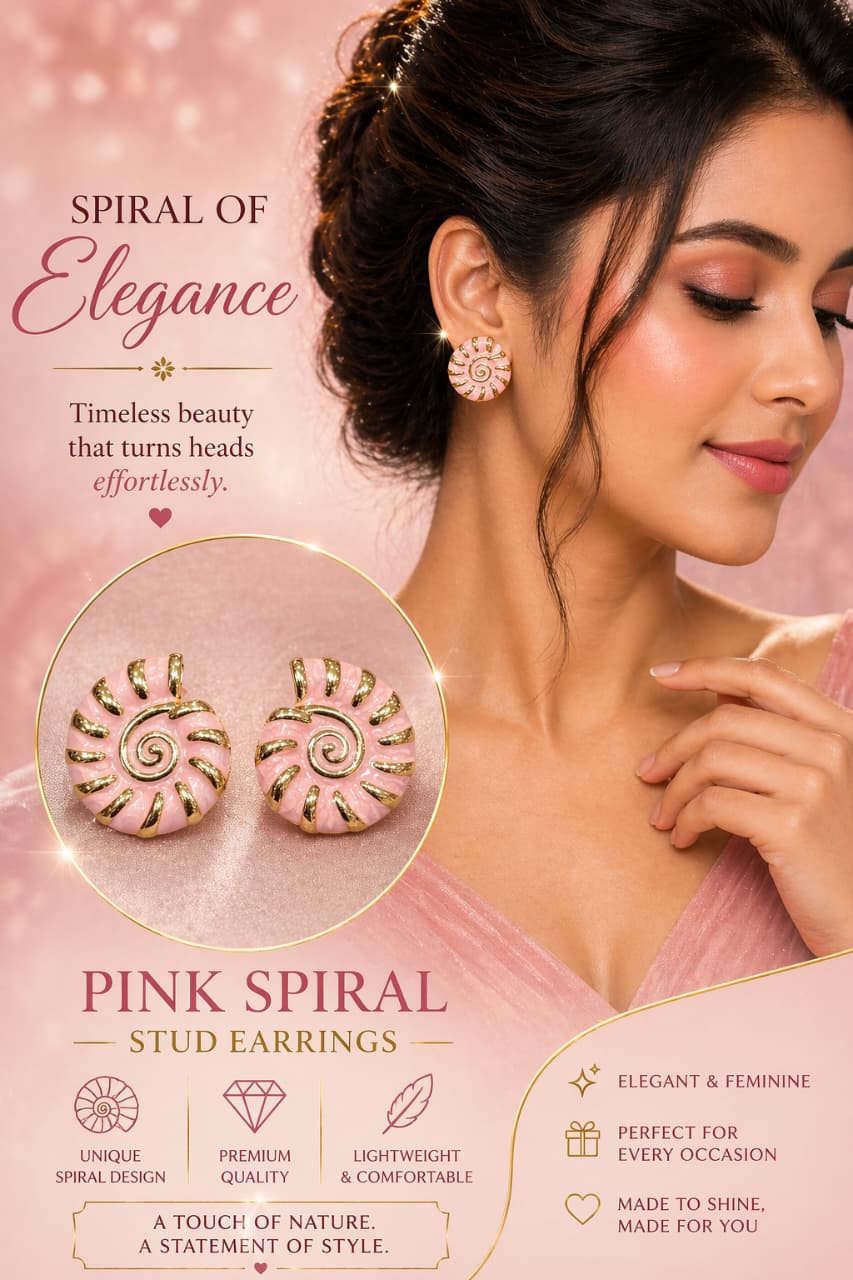 Pink Spiral Stud Earrings for Women | Gold-Plated Enamel Statement Studs | Elegant Lightweight Designer Jewelry