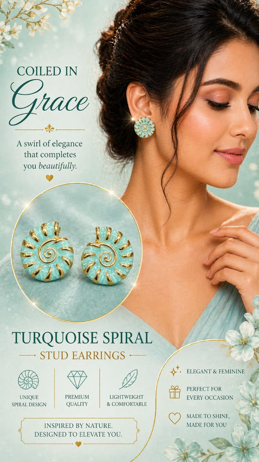 Turquoise Spiral Stud Earrings for Women | Gold-Plated Enamel Statement Studs | Elegant Lightweight Designer Jewelry