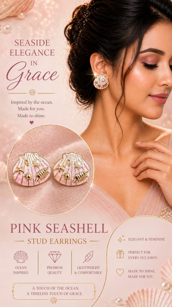 Pink Seashell Stud Earrings for Women | Gold-Plated Ocean-Inspired Enamel Earrings | Elegant Lightweight Designer Jewelry