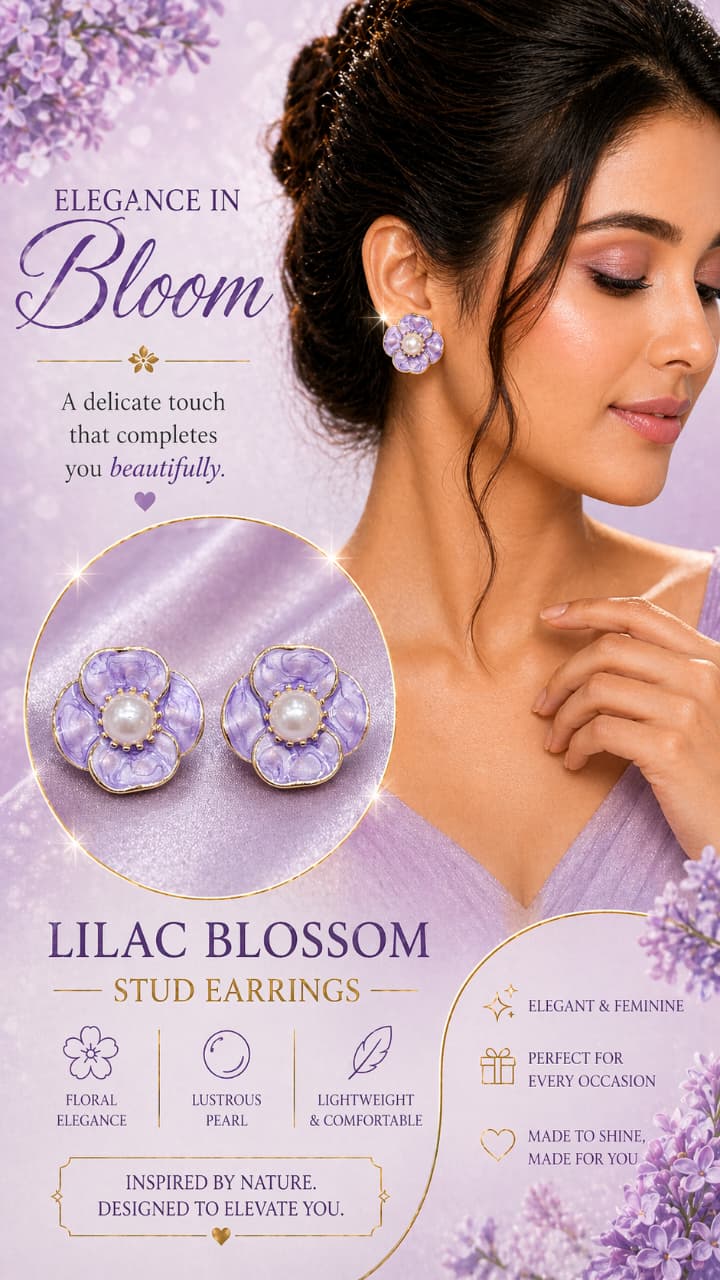 Lilac Blossom Pearl Stud Earrings for Women | Gold-Plated Floral Enamel Earrings | Elegant Lightweight Designer Jewelry