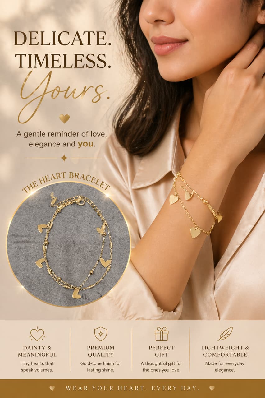 Gold Heart Charm Bracelet for Women – Elegant Double Layer Love Bracelet | Lightweight Minimal Jewelry Gift