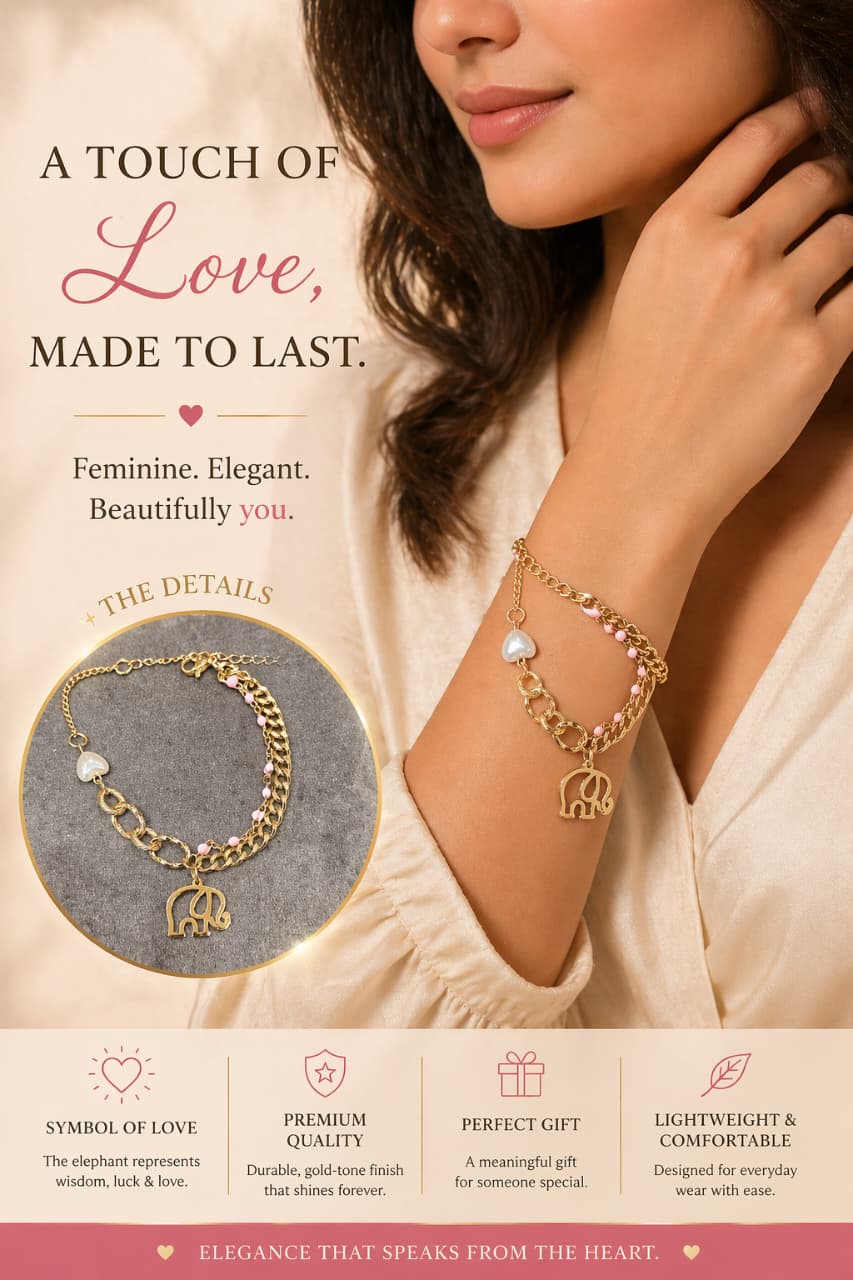 Gold Elephant Charm Bracelet for Women – Double Layer Heart & Elephant Lucky Bracelet | Elegant Lightweight Gift Jewelry