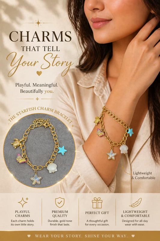 Starfish Charm Bracelet for Women – Gold Plated Ocean-Themed Multi Charm Bracelet | Shell, Butterfly & Star Jewelry Gift
