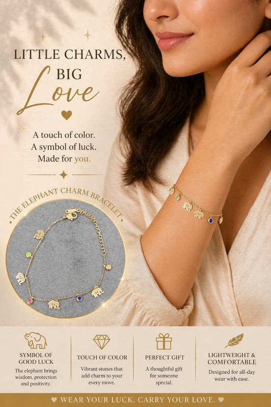 Elephant Charm Bracelet for Women – Gold Plated Lucky Elephant Bracelet with Colorful Stone Charms | Lightweight Elegant Jewelry Gift