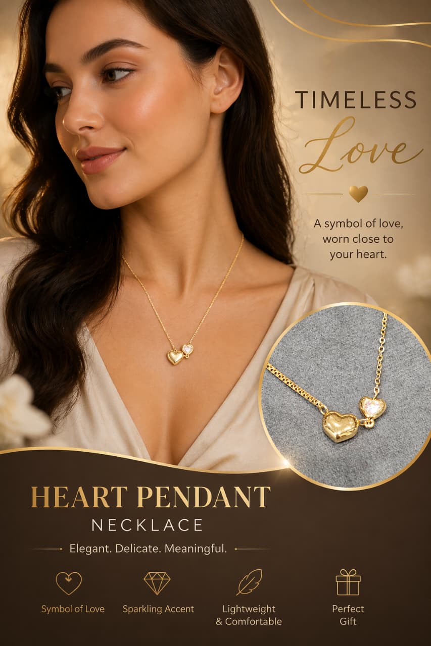 Gold Heart Pendant Necklace for Women – Double Heart Charm Necklace with Crystal Accent | Elegant Minimalist Love Jewelry