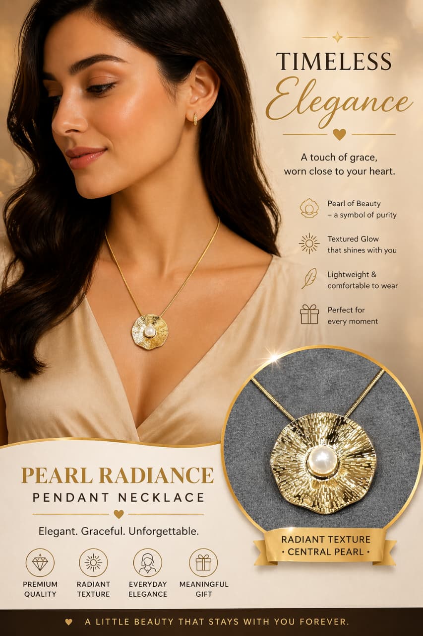 Gold Pearl Pendant Necklace for Women – Textured Disc Pendant with Central Pearl | Elegant Minimalist Jewelry Gift