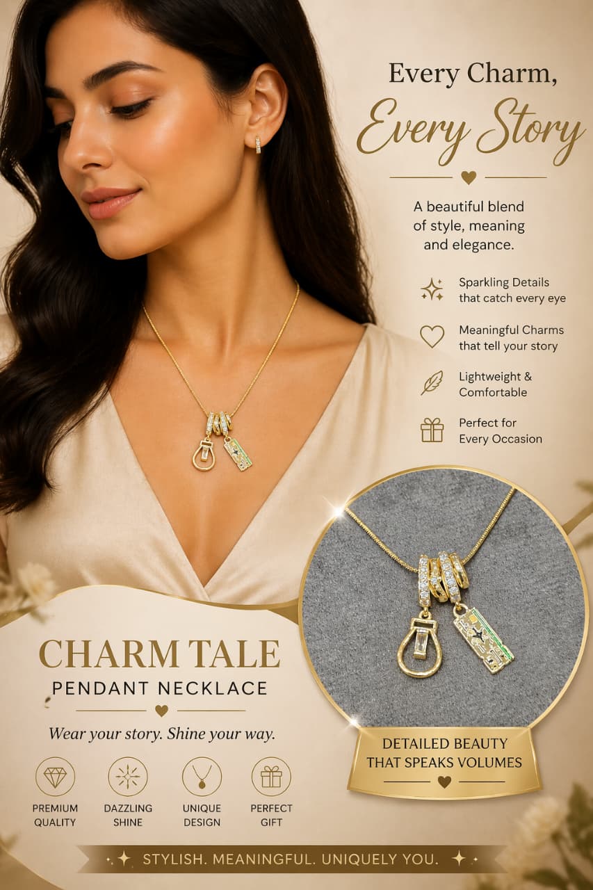 Gold Multi Charm Pendant Necklace for Women – Crystal Ring & Unique Charm Layered Necklace | Elegant Statement Jewelry Gift