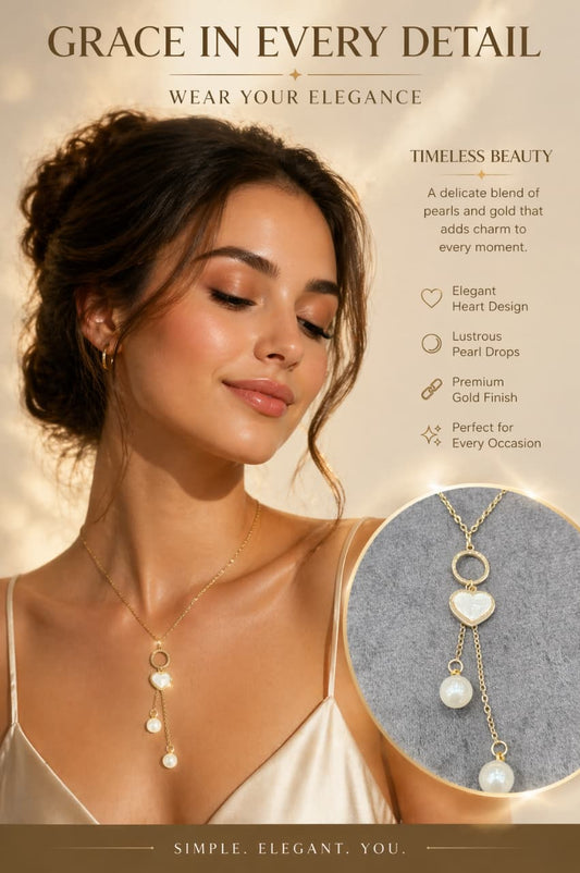 Gold Heart Pearl Drop Necklace for Women – Elegant Dangle Pendant Necklace with Pearl Charms | Minimalist Luxury Jewelry Gift