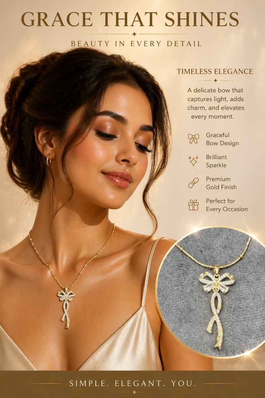 Gold Bow Pendant Necklace for Women – Crystal Bowknot Dangle Necklace | Elegant Minimalist Statement Jewelry Gift