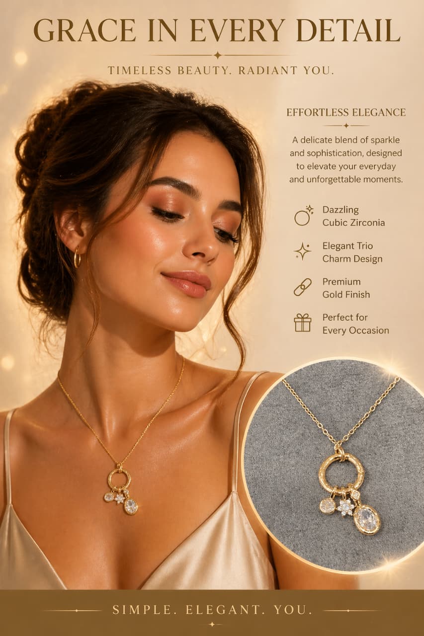 Gold Trio Charm Pendant Necklace for Women – Cubic Zirconia Circle Pendant Necklace | Elegant Minimalist Jewelry Gift