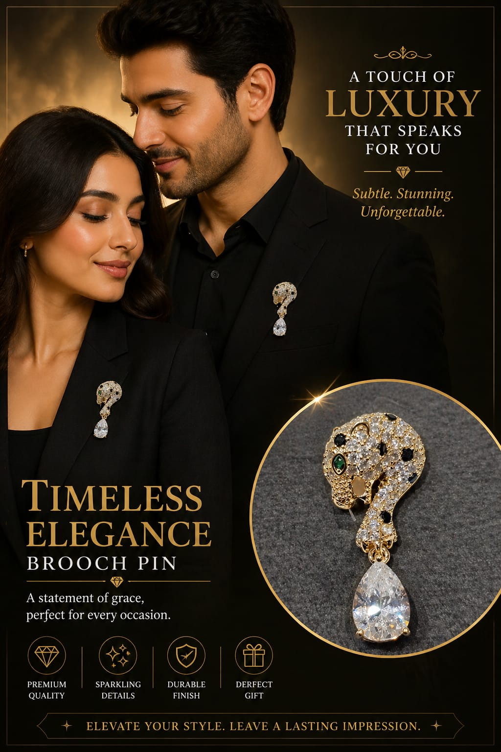Luxury Leopard Brooch Pin for Men & Women – Gold Plated Crystal Panther Lapel Pin with Teardrop Stone | Elegant Statement Accessory