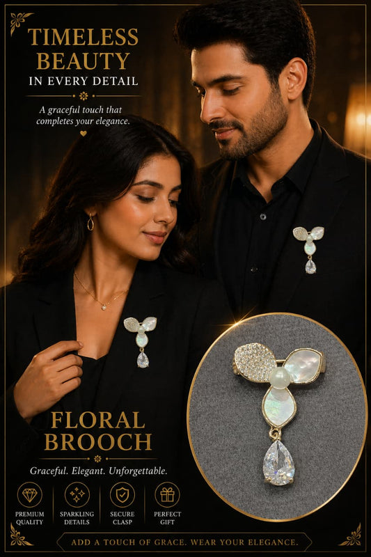 Floral Brooch Pin for Men & Women – Gold Plated Crystal & Mother of Pearl Flower Brooch | Elegant Statement Lapel Pin Gift