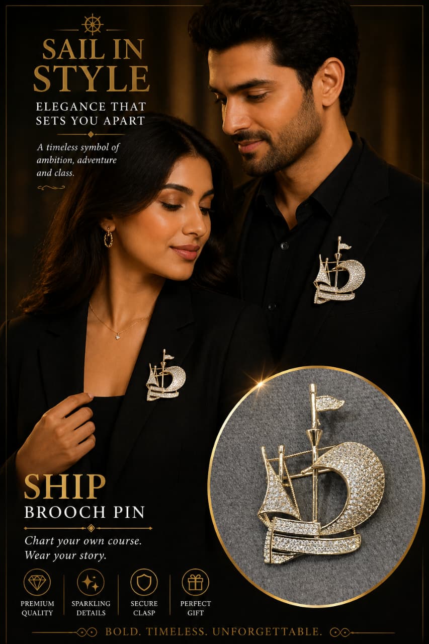 Sailboat Ship Brooch Pin for Men & Women – Gold Plated Crystal Ship Lapel Pin | Nautical Elegant Statement Accessory Gift