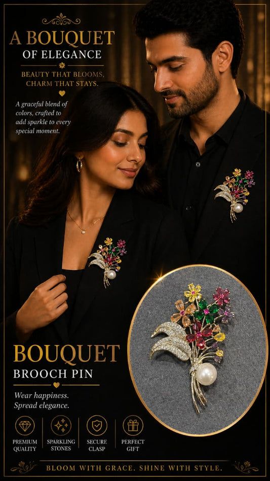 Floral Bouquet Brooch Pin for Men & Women – Gold Plated Multicolor Crystal Flower Brooch with Pearl | Elegant Unisex Lapel Pin Gift