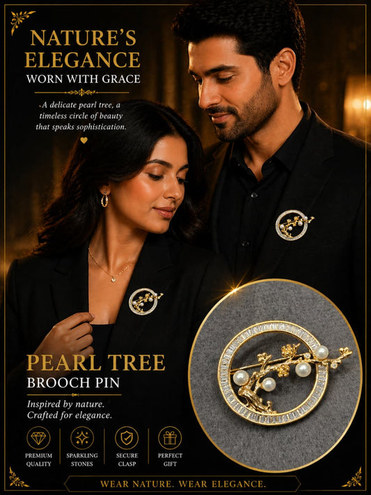 Pearl Tree Brooch Pin for Men & Women – Gold Plated Tree of Life Circle Brooch with Crystal & Pearl Accents | Elegant Unisex Lapel Pin Gift