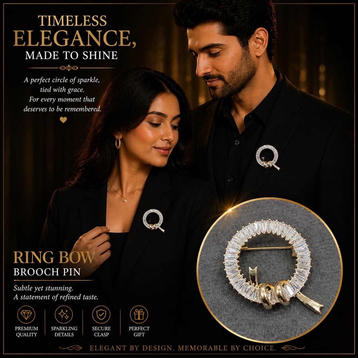 Ring Bow Brooch Pin for Men & Women – Gold Plated Crystal Circle Bow Lapel Pin | Elegant Unisex Statement Jewelry Gift