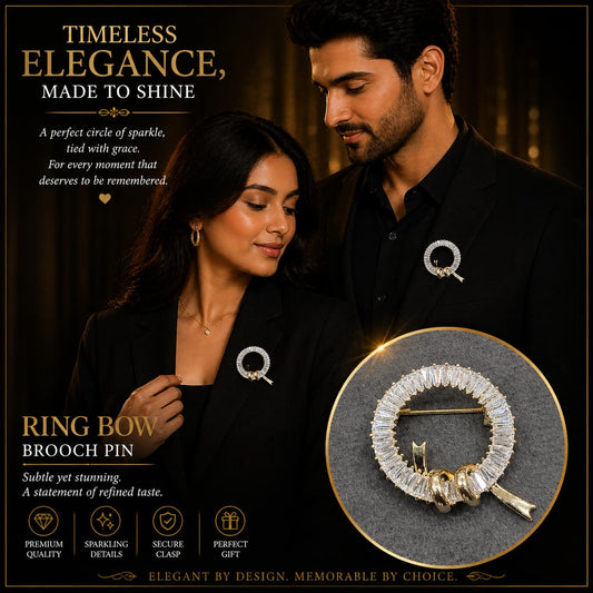 Ring Bow Brooch Pin for Men & Women – Gold Plated Crystal Circle Bow Lapel Pin | Elegant Unisex Statement Jewelry Gift