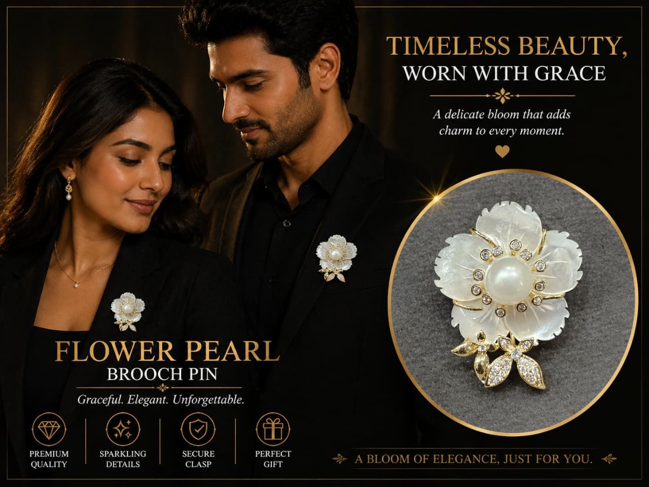 Floral Pearl Brooch Pin for Men & Women – Gold Plated Flower Brooch with Pearl & Crystal | Elegant Unisex Lapel Pin Gift