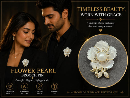Floral Pearl Brooch Pin for Men & Women – Gold Plated Flower Brooch with Pearl & Crystal | Elegant Unisex Lapel Pin Gift
