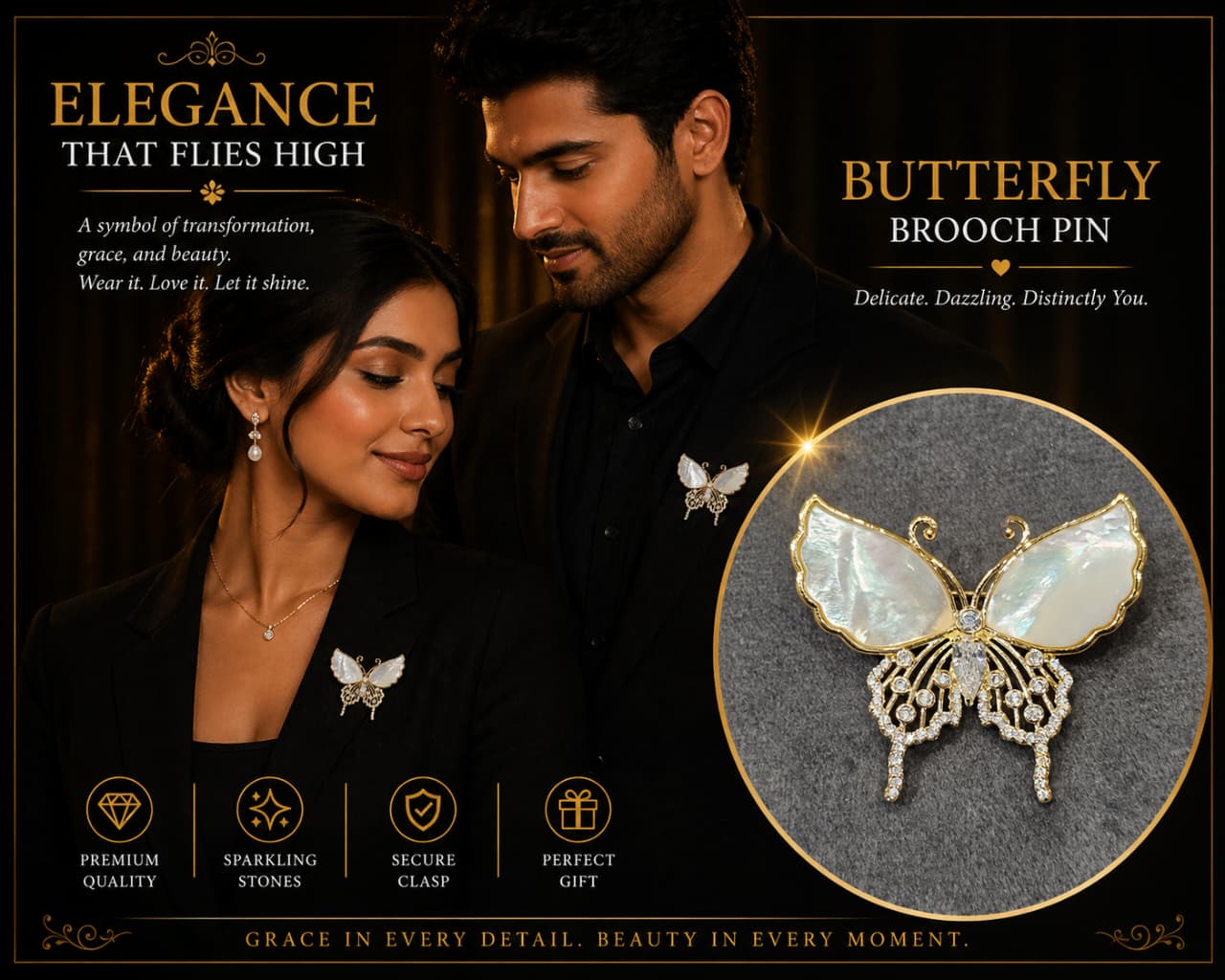 Butterfly Brooch Pin for Men & Women – Gold Plated Crystal & Mother of Pearl Butterfly Lapel Pin | Elegant Unisex Statement Brooch