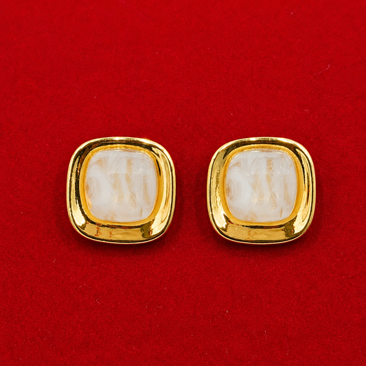 Luxury Gold Square Stud Earrings for Women – Elegant Pearl Finish Designer Earrings