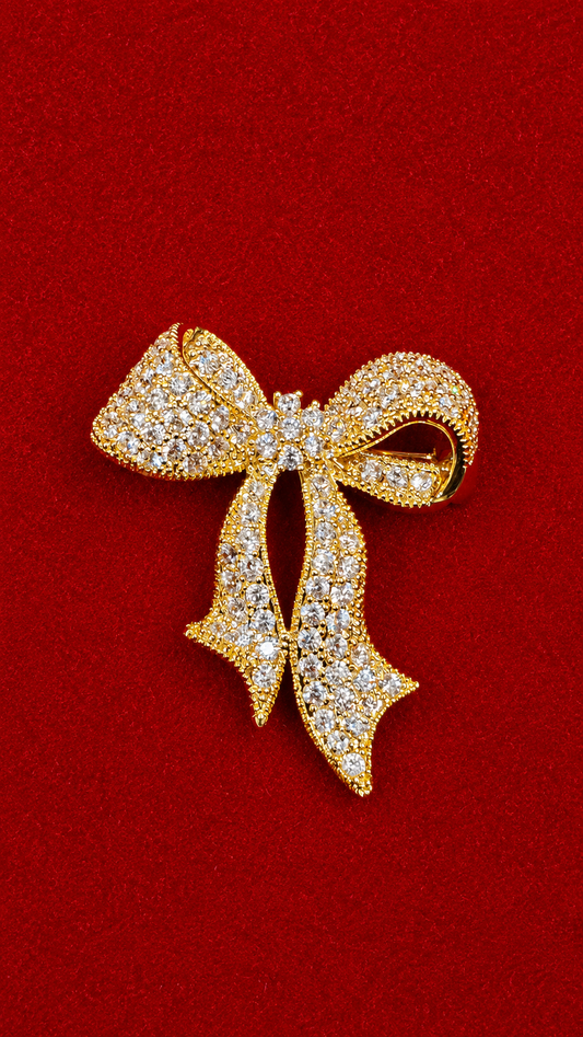 Luxury Crystal Bow Brooch Pin for Women – Gold Plated Designer Ribbon Brooch