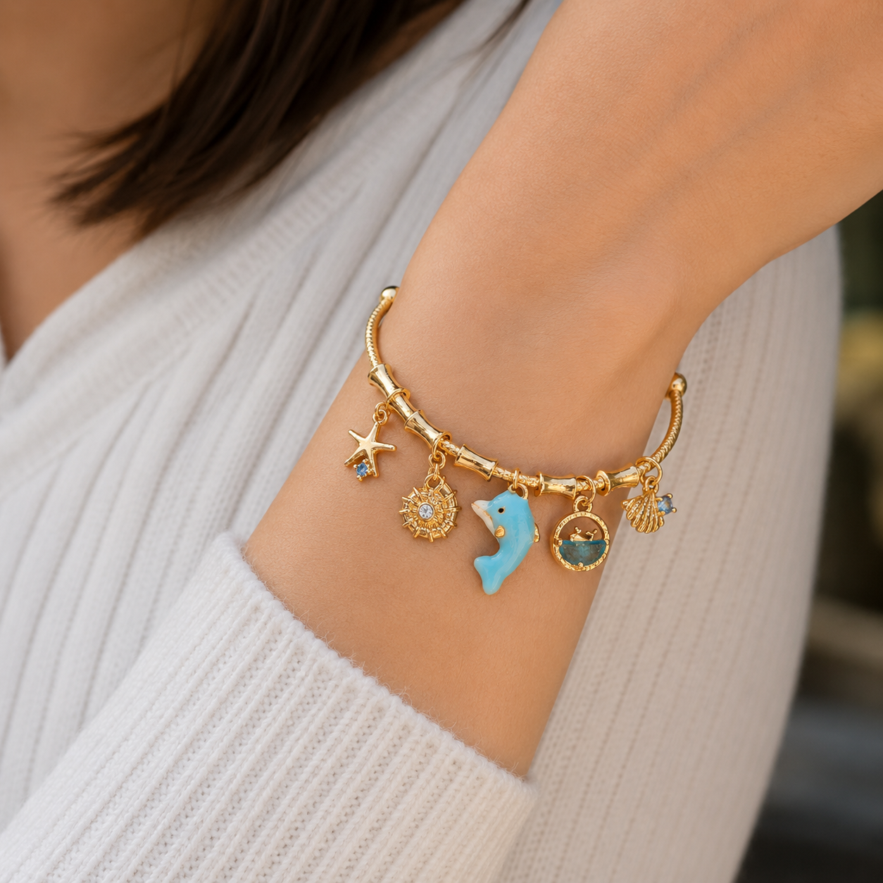 Ocean Charm Gold Kada for Women – Dolphin & Sea Theme Adjustable Fashion Kada