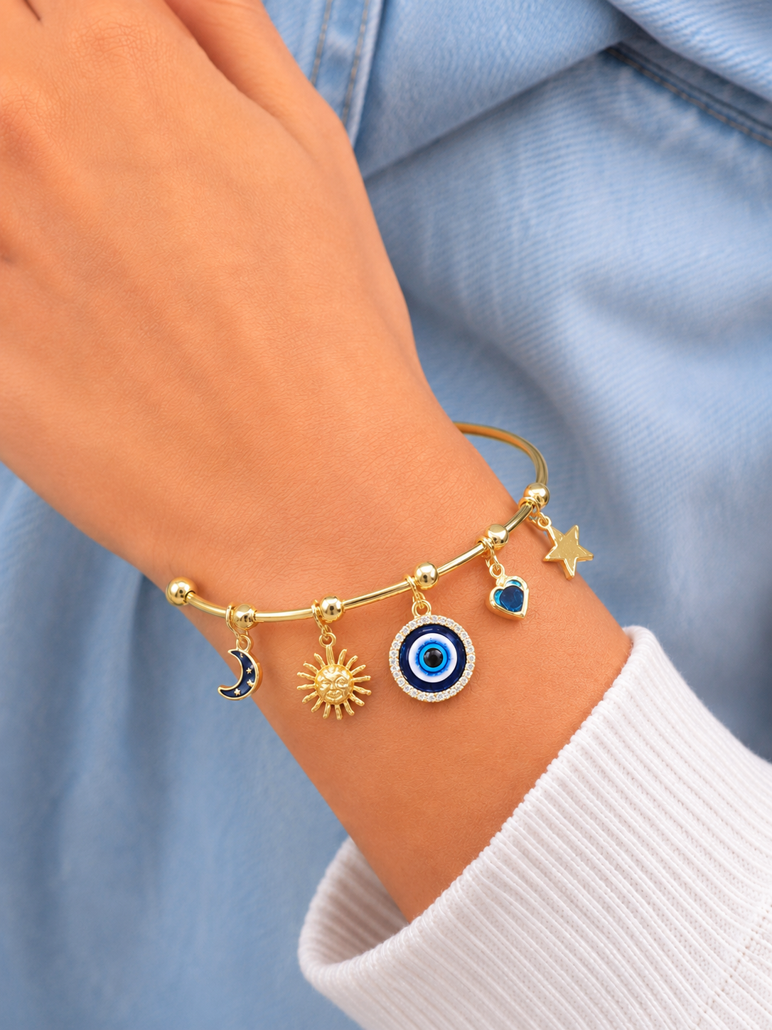 Celestial Evil Eye Gold Kada for Women – Moon & Star Charm Adjustable Fashion Kada