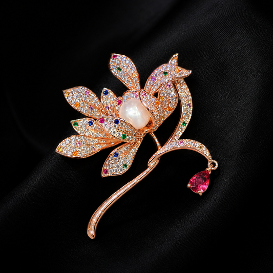 Luxury Lotus Pearl Brooch – Elegant Floral Crystal Designer Pin