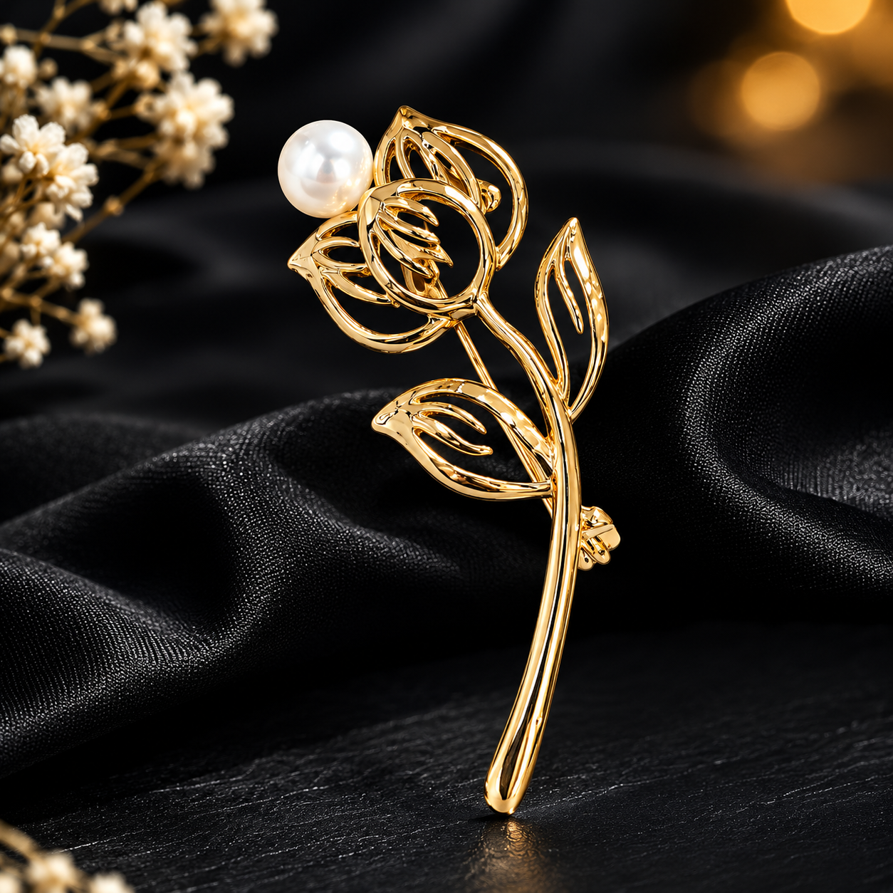 Elegant Gold Rose Brooch with Pearl – Minimal Floral Designer Pin