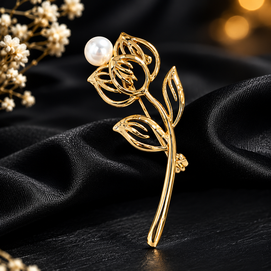 Elegant Gold Rose Brooch with Pearl – Minimal Floral Designer Pin