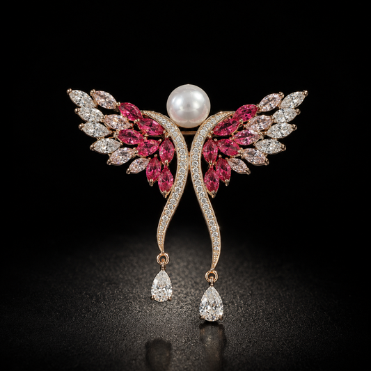 Luxury Pink Angel Wings Brooch – Elegant Crystal & Pearl Designer Pin