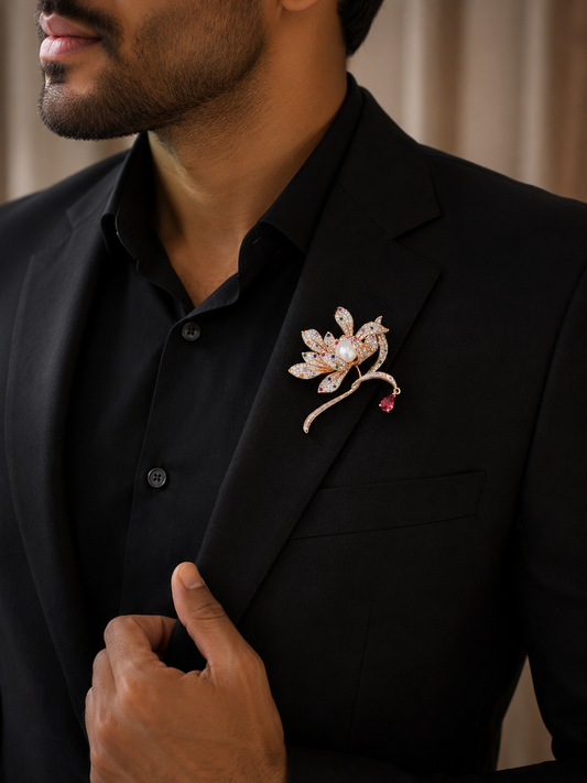 Luxury Lotus Pearl Brooch – Elegant Floral Crystal Designer Pin